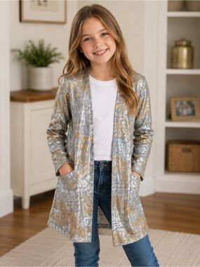 LuLaRoe Soraya Cardigan Size 8 Gold Silver Metallic Sparkle Pockets Discontinued